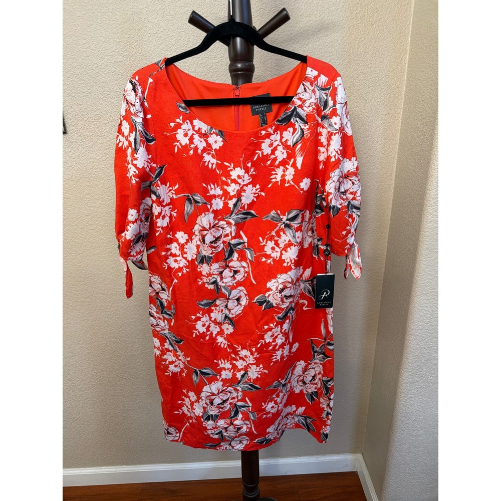Adrianna Papell Red Floral Tie Sleeve Shift Dress AP1D102267 Size 14